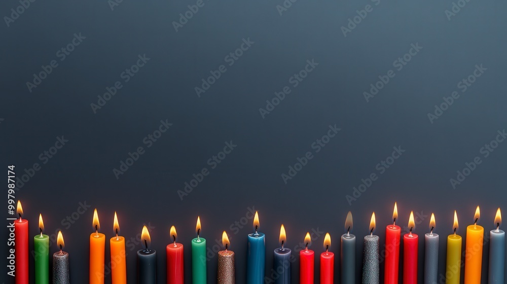 Colorful candles lit in a row against a dark background Colorful candles lit in a row against a dark background