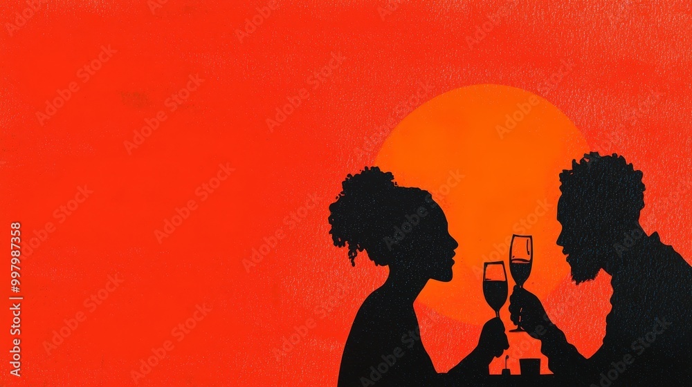 Silhouette of couple enjoying a romantic dinner date with wine Silhouette of couple enjoying a romantic dinner date with wine