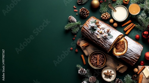 Festive holiday yule log with decorations and spices on green background photo