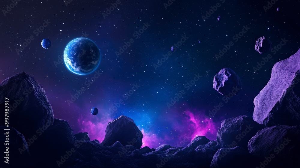 Obraz premium Cosmic scene of asteroids and distant planet in deep space