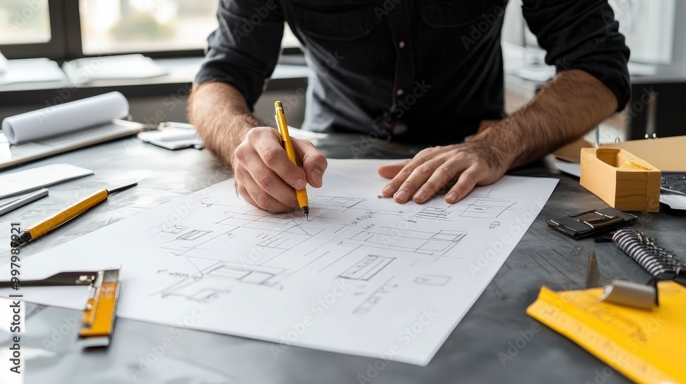 Naklejka premium Architect working on blueprint design with graphite pencil on desk