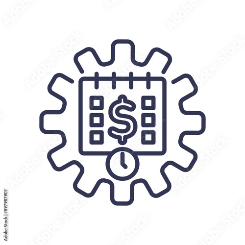 Illustration of automated payments with a gear, calendar, dollar sign, and clock symbolizing scheduled financial transactions.