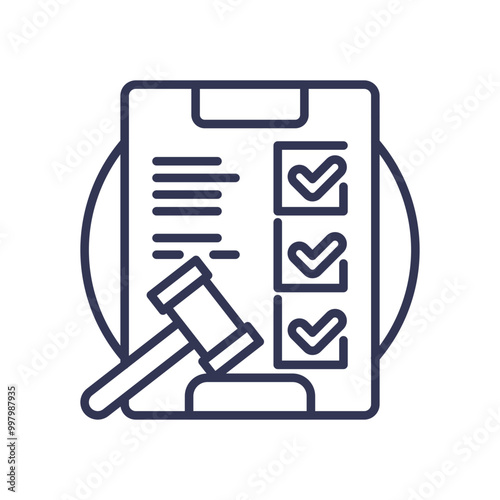 A clipboard with a checklist and a gavel symbolizes compliance, legal adherence, and regulatory requirements.