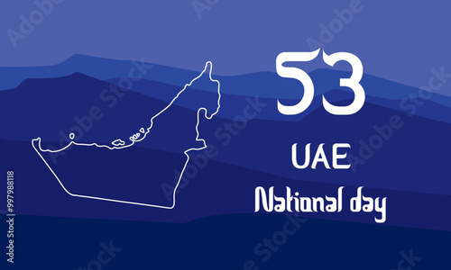 Banner on blue purple dune style background for 53 United Arab Emirates UAE National Day 2024 which contained number 53 and outline of the country border