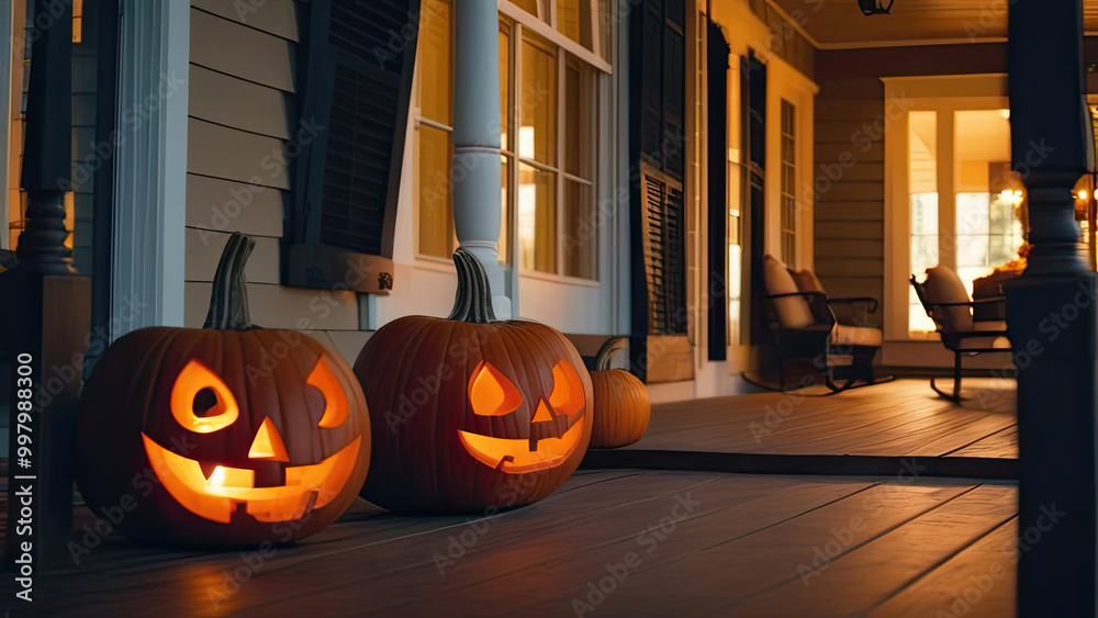 Fototapeta premium Halloween glowing decor in the cozy interior of the house made of pumpkins, garlands, Jack Latern, candles. Halloween party In the evening at dusk. 