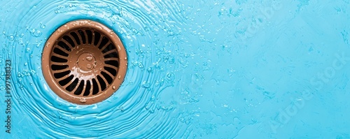 Close-up of a metal drain in a turquoise surface with ripples of water, highlighting textures and colors in a serene setting.