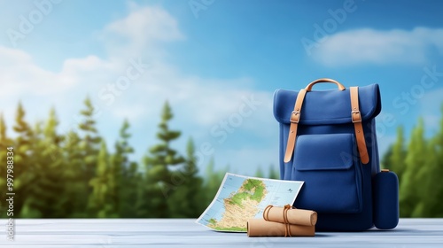 Backpack with map and forest background symbolizes travel and adventure photo