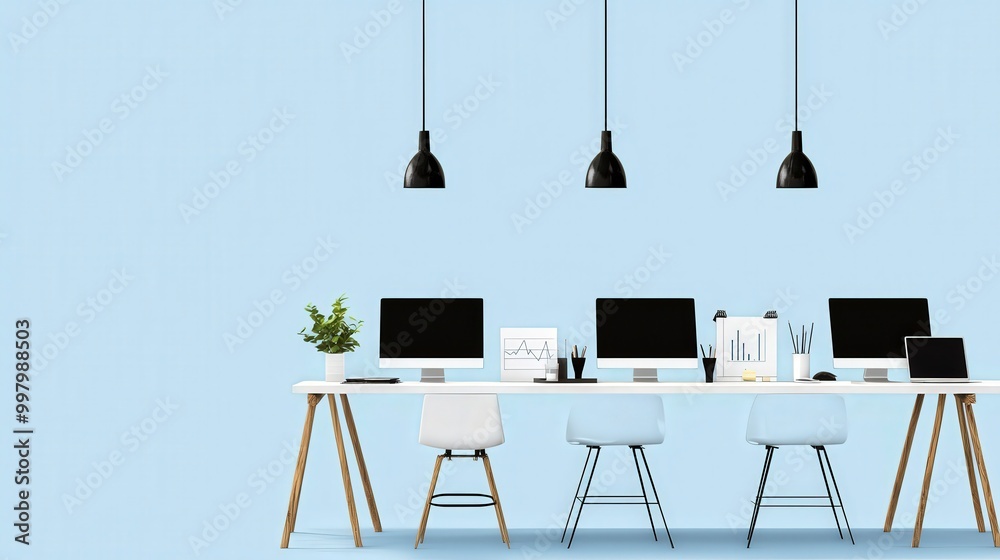 Fototapeta premium Modern office space with minimalist design and sleek furniture for work