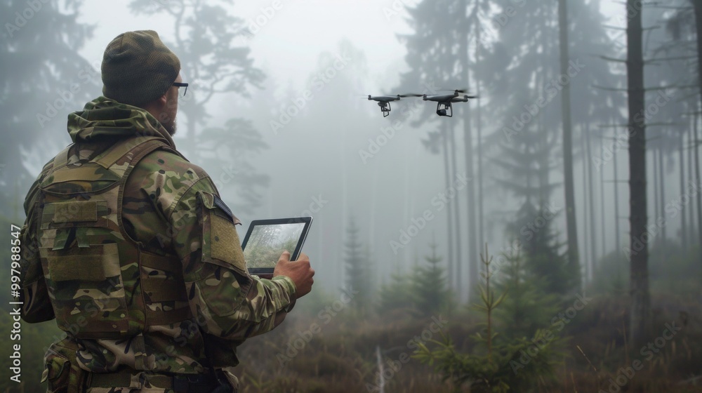 A man in a camouflage jacket is holding a tablet A man in a camouflage jacket is holding a tablet