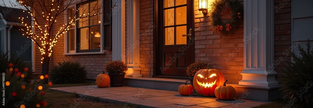 Obraz premium Halloween decor on the porch of the house made of pumpkins, garlands, Jack Latern, candles. Halloween party In the evening at dusk. 