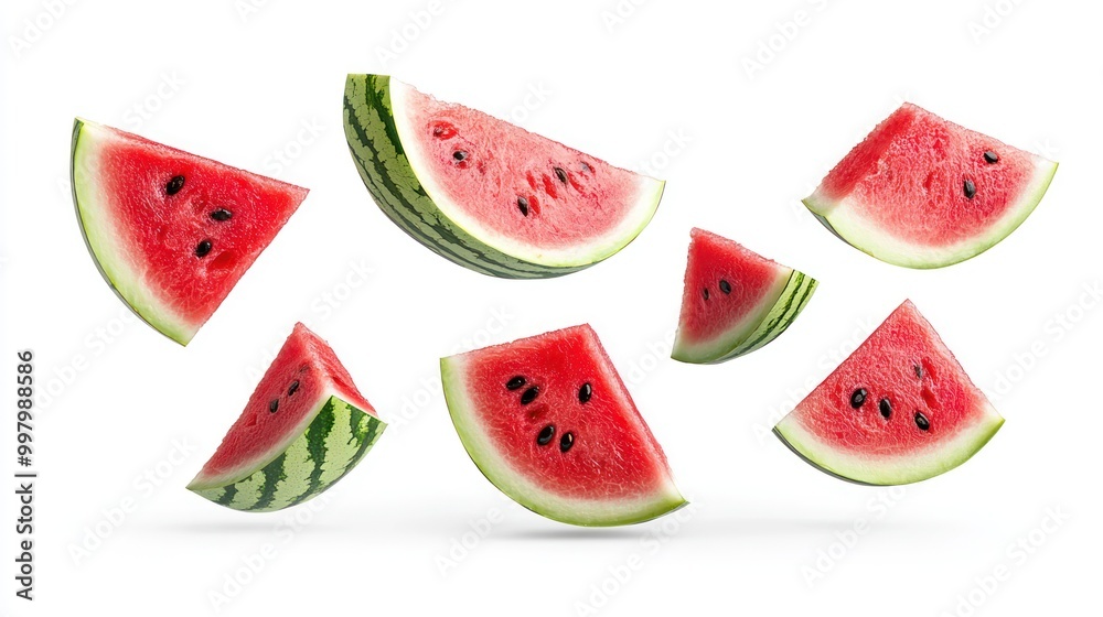 Refreshing Slices of Watermelon Suspended in Air on White Background Refreshing Slices of Watermelon Suspended in Air on White Background