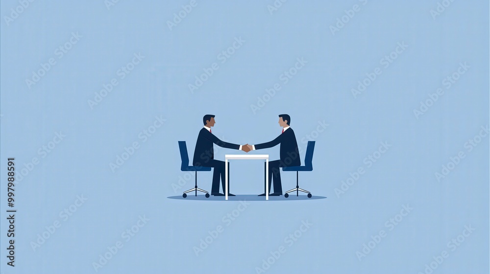 Two businessmen shaking hands across a table in an office setting Two businessmen shaking hands across a table in an office setting