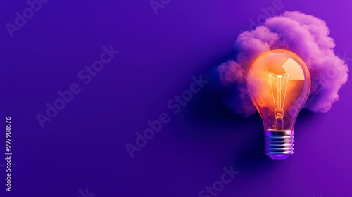 Glowing light bulb with cloud on a purple background represents ideas