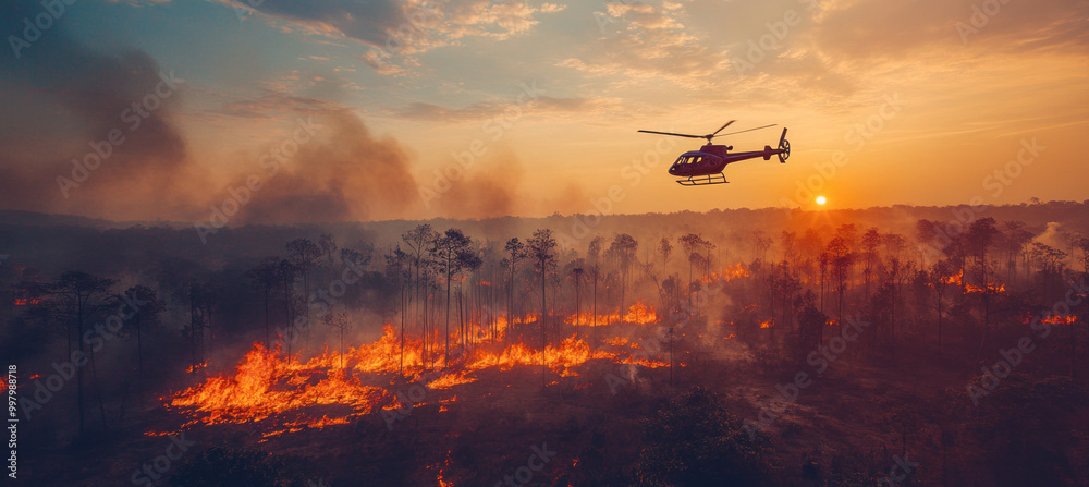 Helicopter flying over burning amazon rainforest at sunset Helicopter flying over burning amazon rainforest at sunset