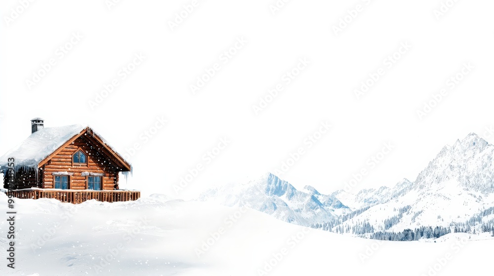Cozy wooden cabin in snowy mountains with clear blue sky Cozy wooden cabin in snowy mountains with clear blue sky