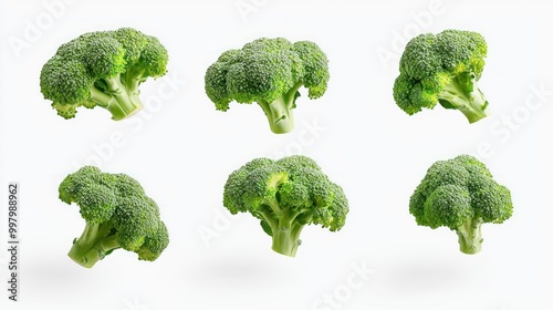 Fresh Green Broccoli Florets Suspended in Air, Healthy Organic Vegetables Concept on White Background