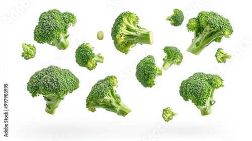 Fresh Green Broccoli Florets in Mid-Air - Healthy Vegetables Concept