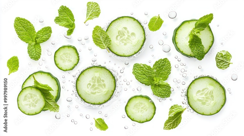 Refreshing Summer Nutrition - Sliced Cucumbers and Mint Leaves Floating on White Background Refreshing Summer Nutrition - Sliced Cucumbers and Mint Leaves Floating on White Background