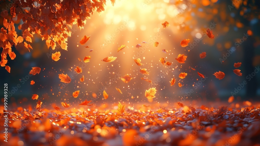 Sunlit autumn scene with falling leaves and warm colors. Sunlit autumn scene with falling leaves and warm colors.