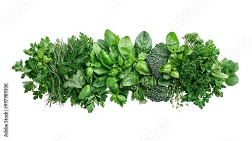 Fresh and Vibrant Floating Herbs and Leafy Greens as Symbols of Health and Wellness on White Background
