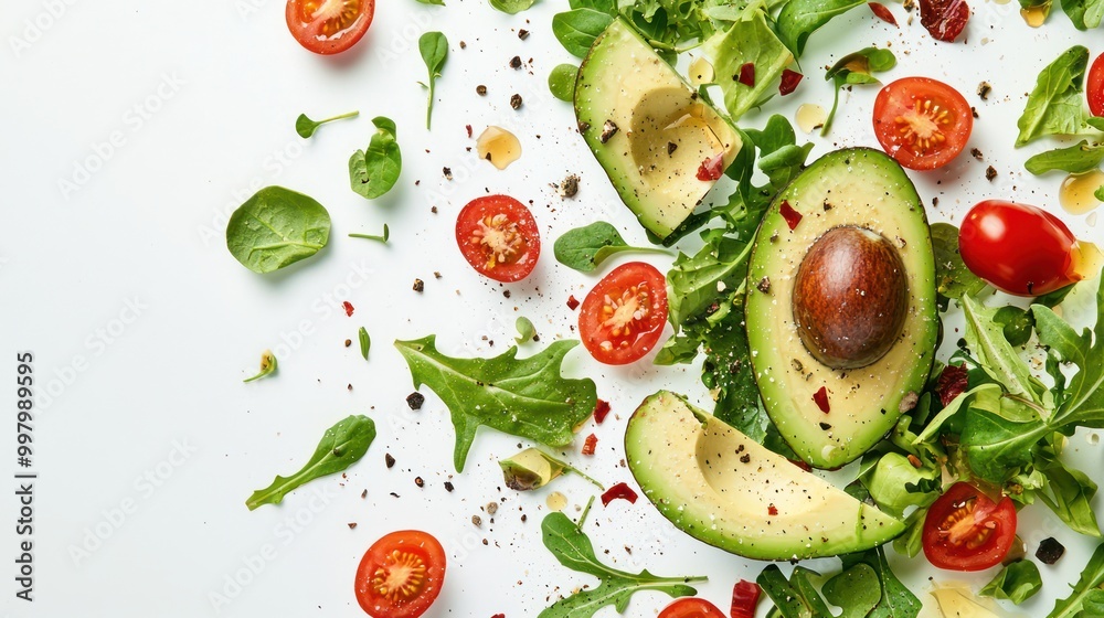 Vibrant Motion of Fresh Salad Ingredients - Sliced Avocado, Cherry Tomatoes, and Leafy Greens on White Background Vibrant Motion of Fresh Salad Ingredients - Sliced Avocado, Cherry Tomatoes, and Leafy Greens on White Background
