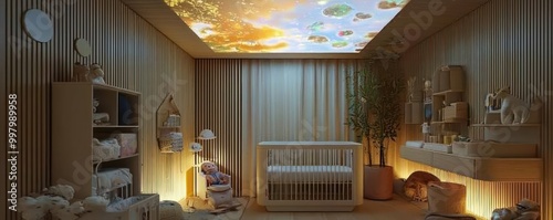 A smart nursery with climate control that adjusts based on the baby's comfort, soundproof walls for undisturbed sleep, and a ceiling projector displaying calming visuals photo