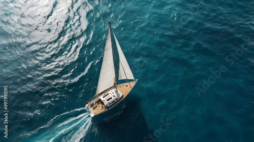 Aerial view of sailboat cutting through deep blue ocean with sun reflections and dynamic water ripples