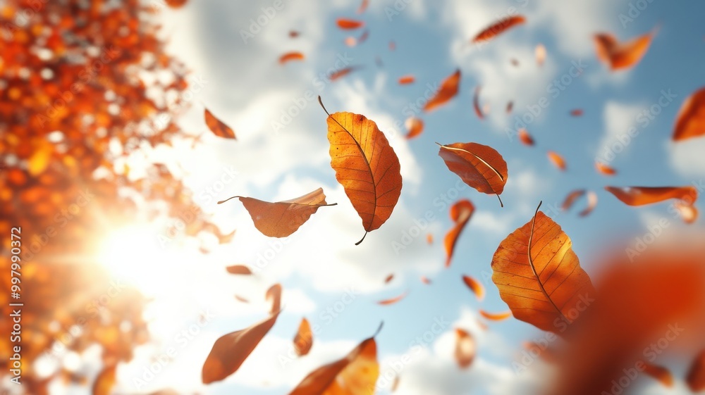 Falling orange leaves against a bright sky during autumn season. Falling orange leaves against a bright sky during autumn season.