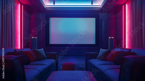 Home Theater Interior Design with Neon Lights and Blue Couch - 3D Illustration