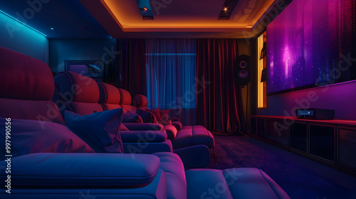 Home Theater Room with Reclining Seats and Neon Lights - 3D Illustration