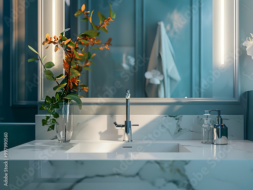 Modern Bathroom Sink with Marble Countertop and Flower Arrangement - 3D Illustration