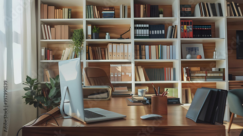 Laptop on Wooden Desk in Home Office with Bookshelf Background - Realistic Image