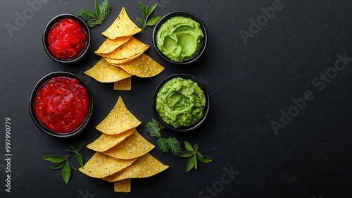 Christmas tree-shaped nachos with guacamole and salsa dips, arranged in a fun festive pattern photo