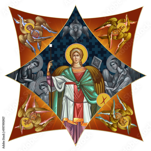 Michael Archangel on cross dome with 4 apostles, angels and seraphim. Illustration in Byzantine style isolated photo