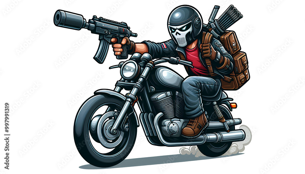 Fighter on Motorcycle with Gun in Cartoon Design Fighter on Motorcycle with Gun in Cartoon Design