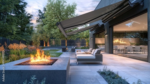 A smart patio with weather-sensing awnings that adjust automatically and a fire pit that controls flame size based on temperature