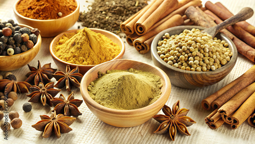 Colorful spices including turmeric, coriander, and cinnamon are beautifully displayed in bowls and spread across a table, inviting exploration of flavors and cuisine photo