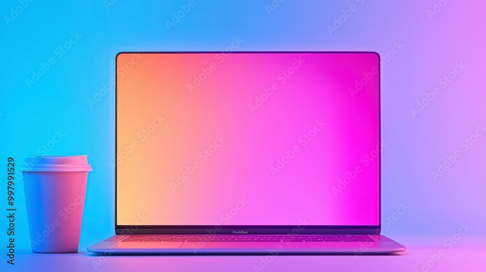 Fototapeta premium Minimalist workspace with colorful laptop screen and coffee cup on desk