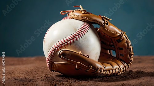 Realistic close up of baseball and glove on brown field with blue backdrop photo