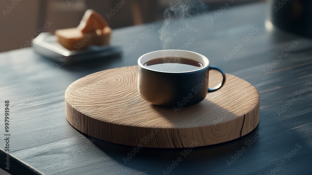 Steaming cup of coffee on wooden tray in cozy kitchen setting Steaming cup of coffee on wooden tray in cozy kitchen setting