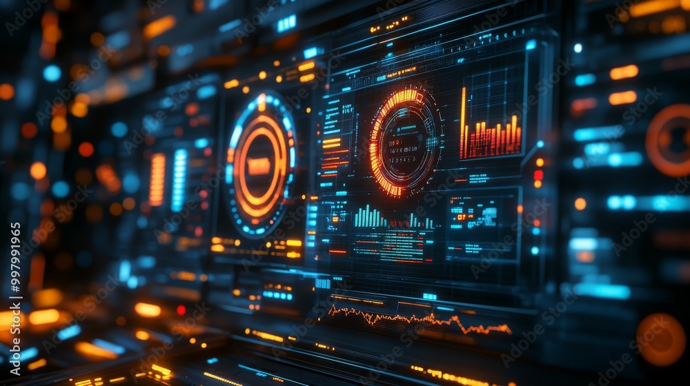 Obraz premium A vibrant digital interface showcasing data visualization with glowing graphs, charts, and gauges against a futuristic backdrop.