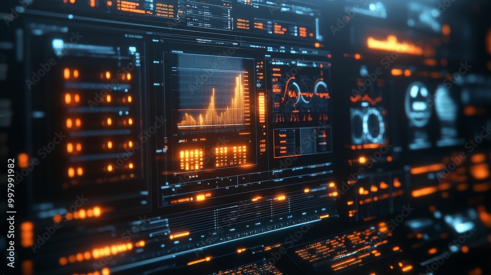 A futuristic digital interface displaying data analytics with vibrant graphs and glowing elements.