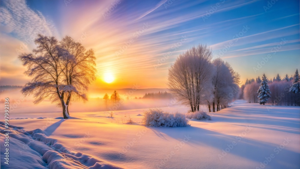 Beautiful winter landscape with frosty trees and a colorful sunset for nature photography and seasonal decor Beautiful winter landscape with frosty trees and a colorful sunset for nature photography and seasonal decor