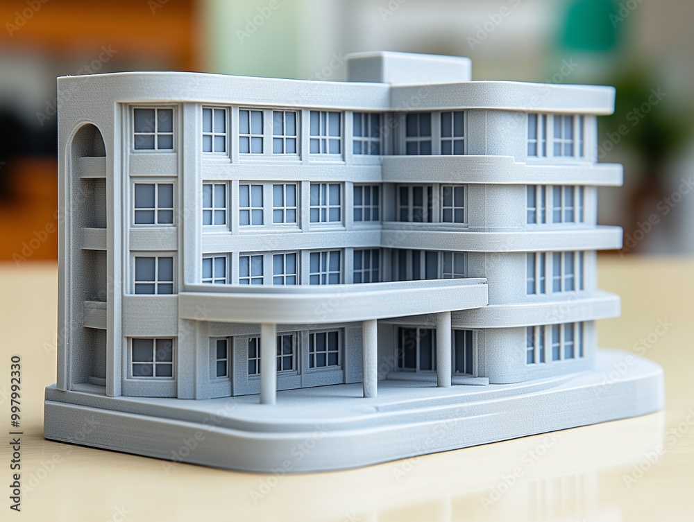 3D printed model of a modern office building with a minimalist design. 3D printed model of a modern office building with a minimalist design.
