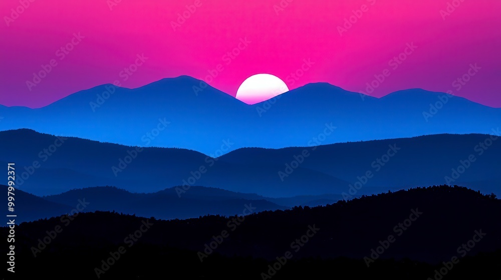 Surreal sunset over layered mountains with vibrant pink and blue hues Surreal sunset over layered mountains with vibrant pink and blue hues