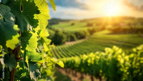 Summer Vineyard Stretching to Horizon with Green Vines under Blue Sky