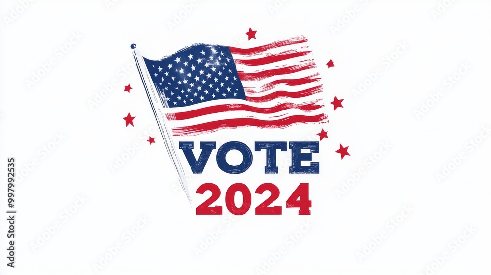 american flag waving in the wind with vote 2024 text in red, white, and blue design on a white background, symbolizing patriotism, elections, and national pride in simple vector illustration