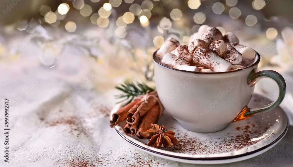 Generative AI. illustration of Hot chocolate with marshmallows, warm cozy Christmas drink in a wooden tray. Generative AI. illustration of Hot chocolate with marshmallows, warm cozy Christmas drink in a wooden tray.