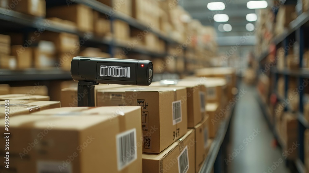 A cluttered warehouse aisle filled with neatly arranged cardboard boxes, showcasing a barcode scanner next to labeled packages. A cluttered warehouse aisle filled with neatly arranged cardboard boxes, showcasing a barcode scanner next to labeled packages.