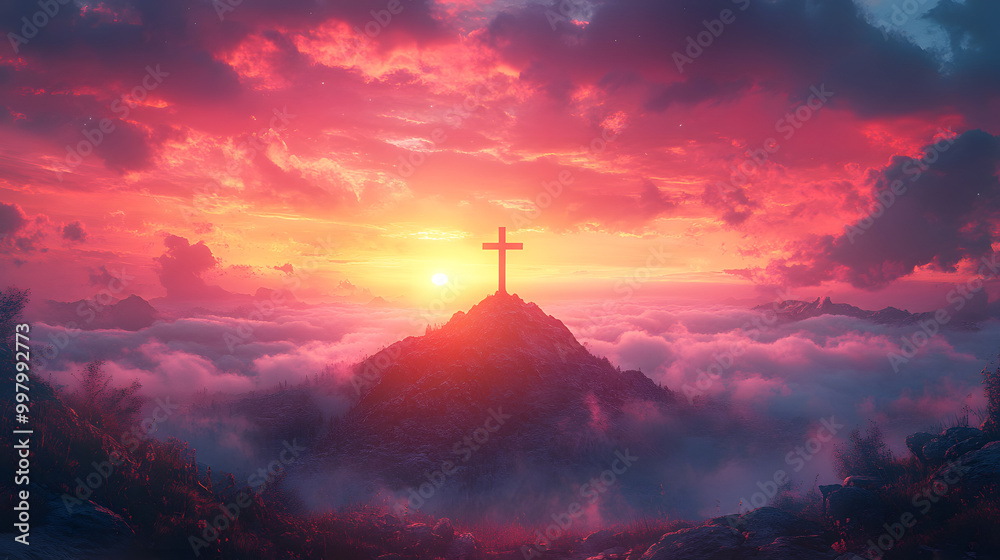 A Majestic Cross atop a Mountain Overlooking a Breathtaking Sunrise, Symbolizing Faith and Hope, Capturing the Beauty of Nature and Spiritual Reflection, Evoking Feelings of Peace and Serenity as the A Majestic Cross atop a Mountain Overlooking a Breathtaking Sunrise, Symbolizing Faith and Hope, Capturing the Beauty of Nature and Spiritual Reflection, Evoking Feelings of Peace and Serenity as the